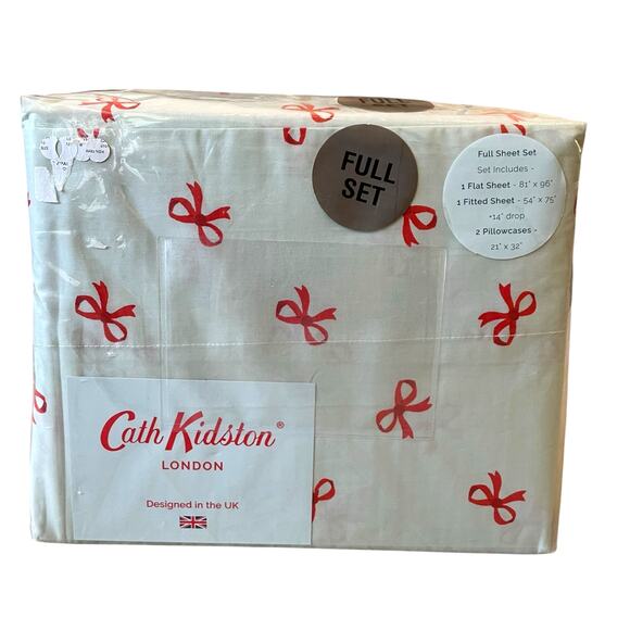 Cath Kidston London Holiday Red Bows Cotton FULL Sheet Set 4pc Sage Green NEW - Picture 11 of 15